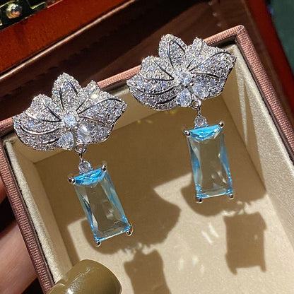 Maple Leaf Diamond Long Blue Diamond Pendant Earrings-Jewearrings