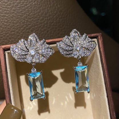 Maple Leaf Diamond Long Blue Diamond Pendant Earrings-Jewearrings