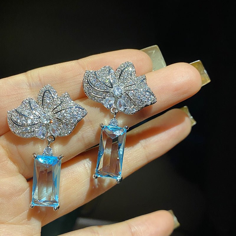 Maple Leaf Diamond Long Blue Diamond Pendant Earrings-Jewearrings