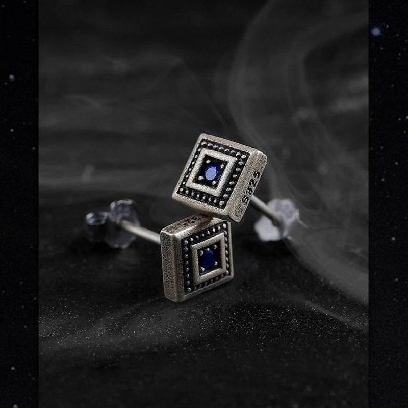 Men's Retro Square Blue Zircon Earrings-Jewearrings