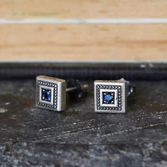 Men's Retro Square Blue Zircon Earrings-Jewearrings