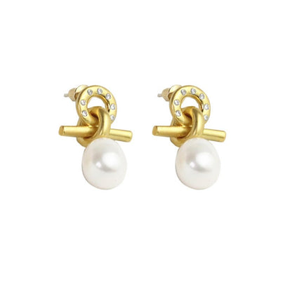 Metal Knotted Design Baroque Freshwater Pearl Earrings-Jewearrings