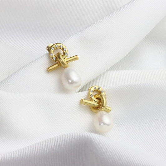 Metal Knotted Design Baroque Freshwater Pearl Earrings-Jewearrings