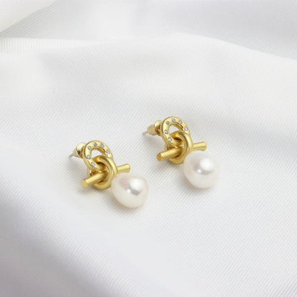 Metal Knotted Design Baroque Freshwater Pearl Earrings-Jewearrings