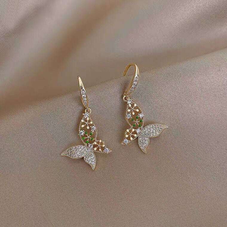 Micro Diamond Drop Oil Butterfly Earrings Female Personality Retro Ear Hooks-Jewearrings