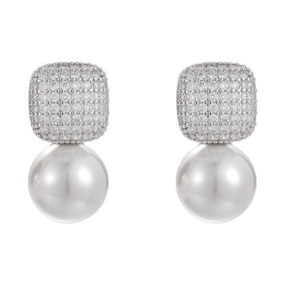 Micro Inlaid Zircon Square Full Diamond Pearl Stud Earrings Make Your Face Look Small-Jewearrings