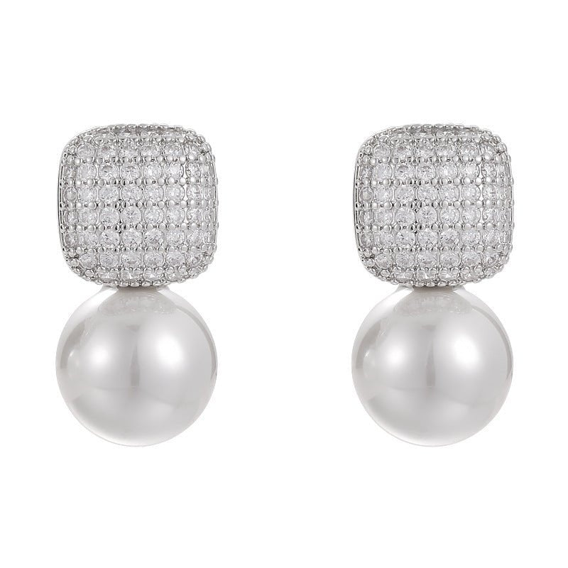 Micro Inlaid Zircon Square Full Diamond Pearl Stud Earrings Make Your Face Look Small-Jewearrings