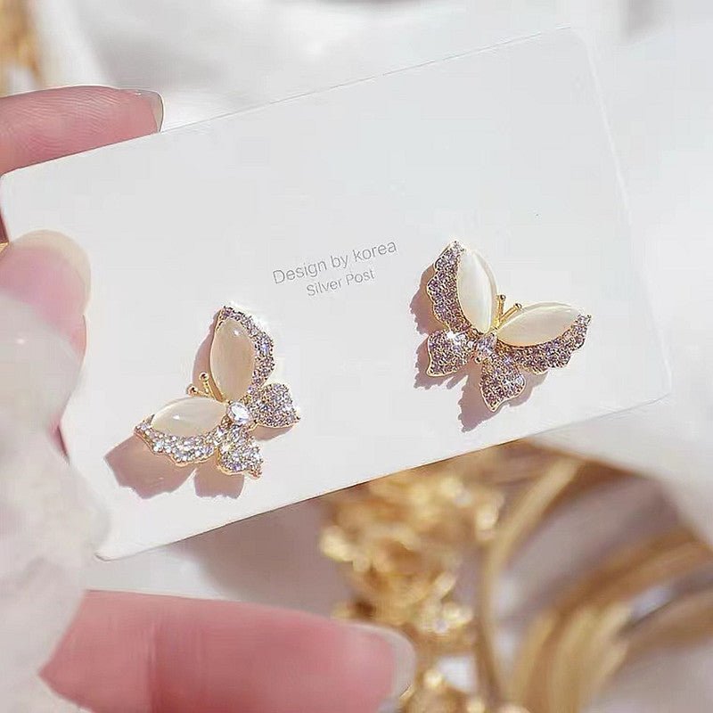 Micro Set Zircon Full Diamond Opal Butterfly Stud Earrings-Jewearrings