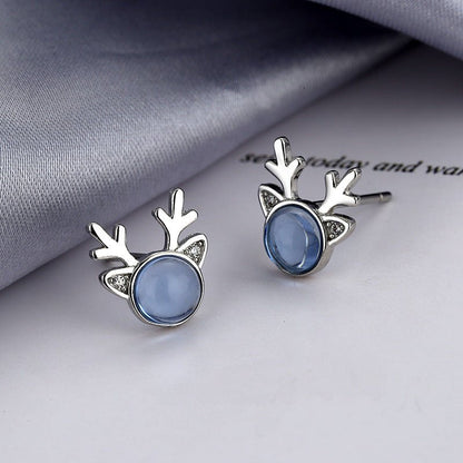 Moonstone Elk Blue Flash Drill Antler Earrings For Women-Jewearrings