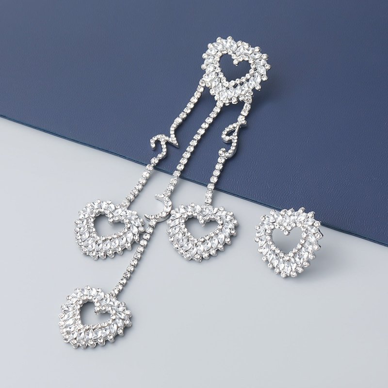 Multi-layer Love Heart-shaped Alloy Diamond-studded Acrylic Asymmetric Earrings-Jewearrings