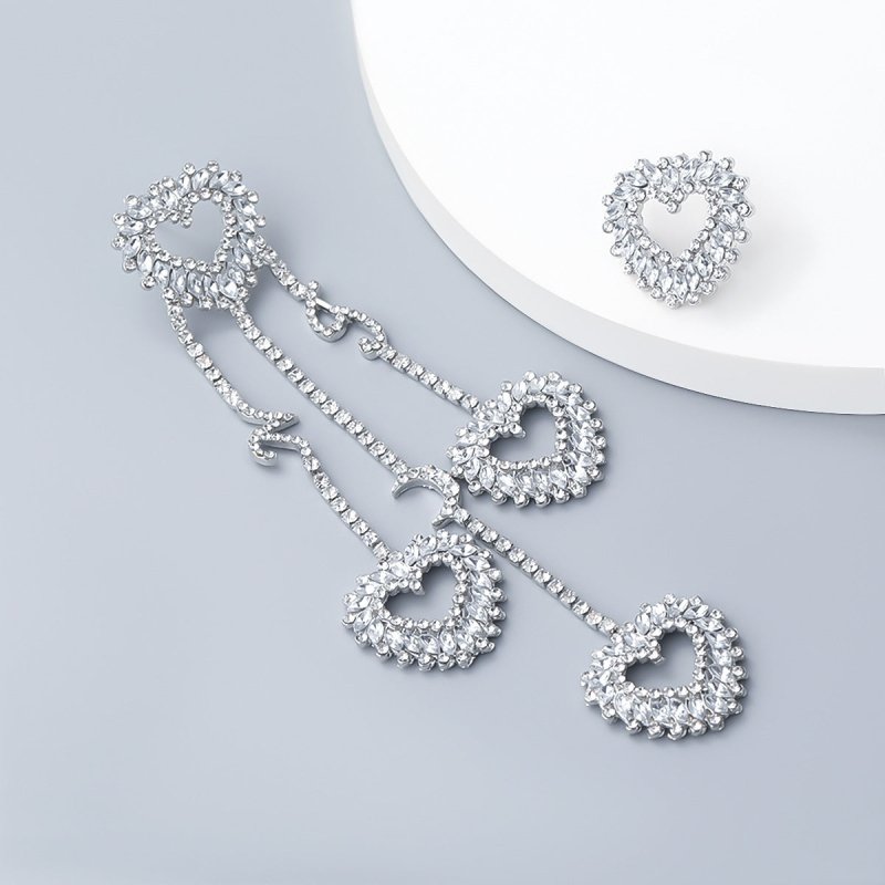 Multi-layer Love Heart-shaped Alloy Diamond-studded Acrylic Asymmetric Earrings-Jewearrings