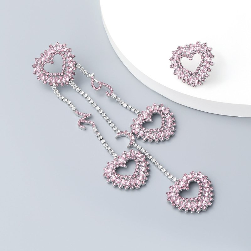 Multi-layer Love Heart-shaped Alloy Diamond-studded Acrylic Asymmetric Earrings-Jewearrings