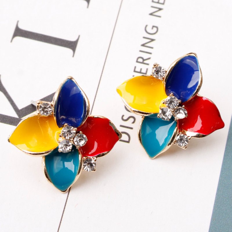 Multicolor Flower Stud Earrings With Diamonds-Jewearrings