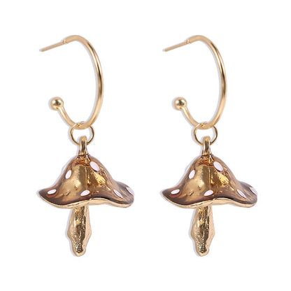 Mushroom Earrings Gold Drop Earrings-Jewearrings