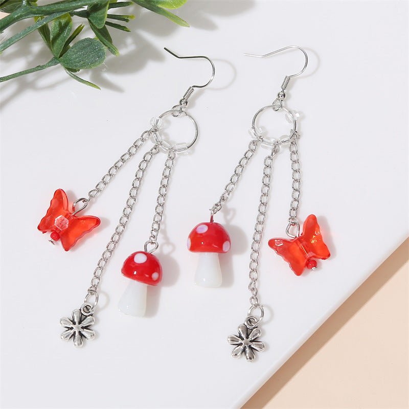 Mushroom Earrings Long Chain Butterfly Earrings-Jewearrings