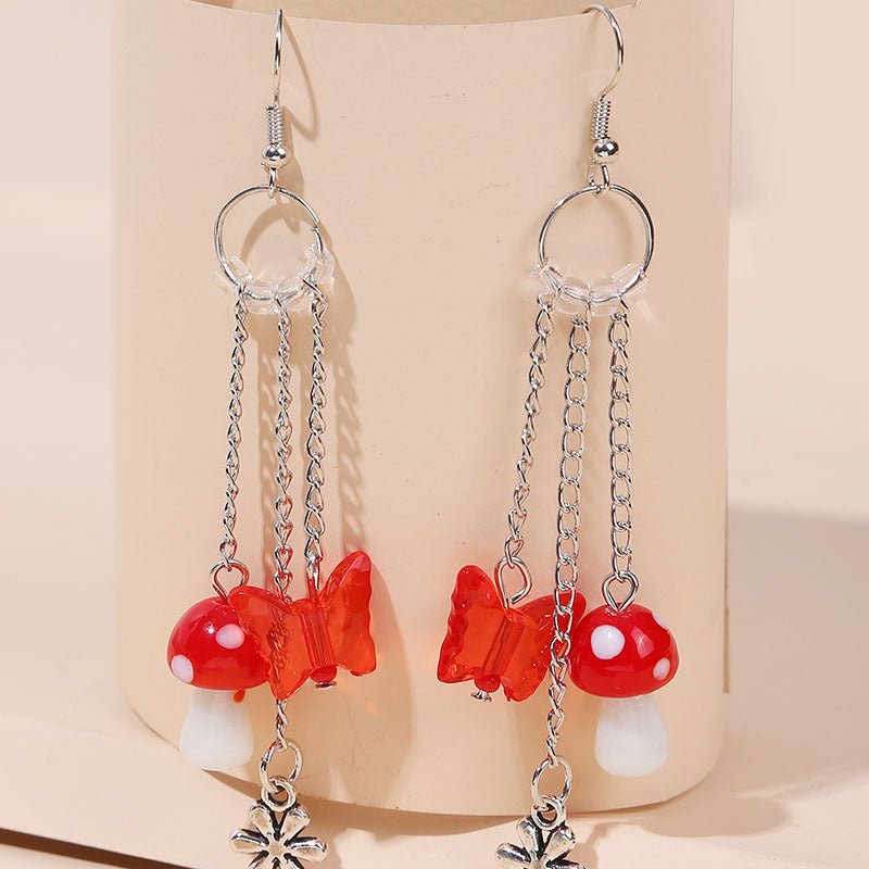 Mushroom Earrings Long Chain Butterfly Earrings-Jewearrings