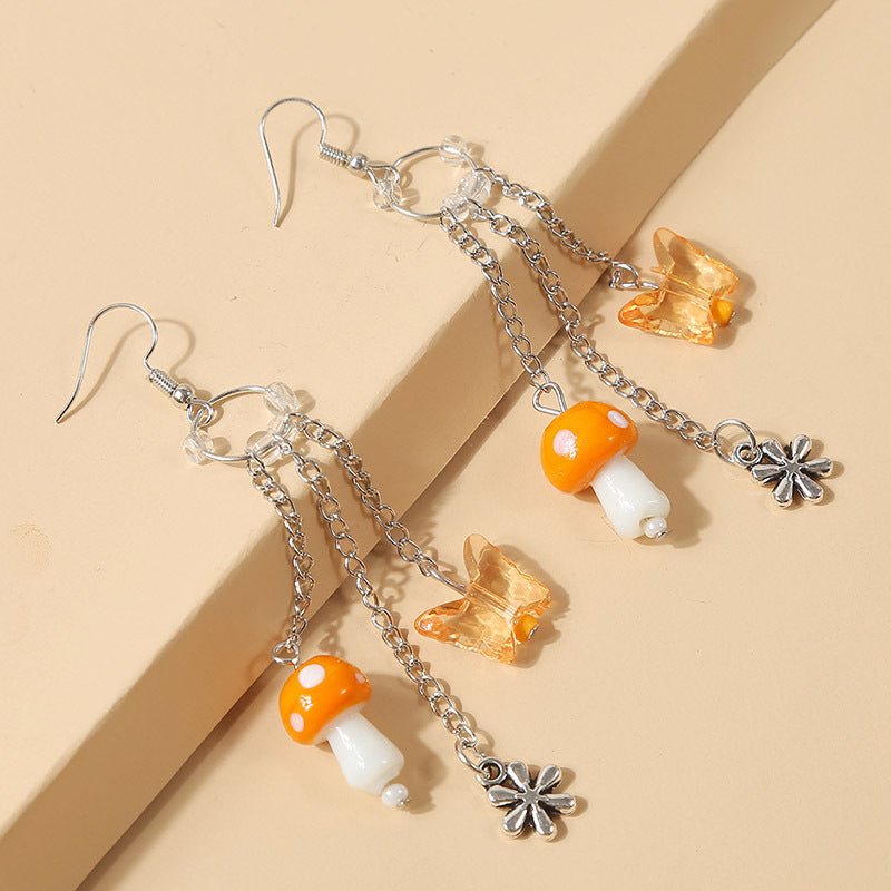 Mushroom Earrings Long Chain Butterfly Earrings-Jewearrings