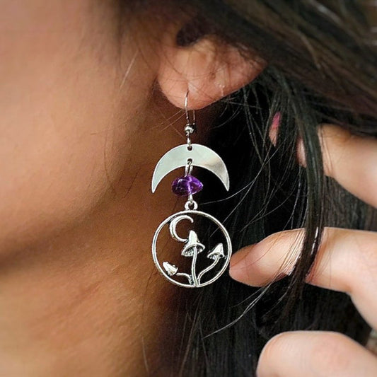 Mushroom Earrings - Purple Crystal Mushroom Crescent-Jewearrings