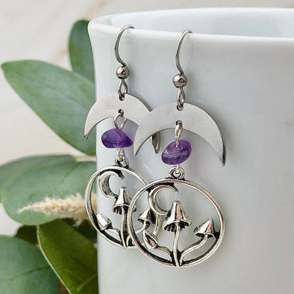 Mushroom Earrings - Purple Crystal Mushroom Crescent-Jewearrings