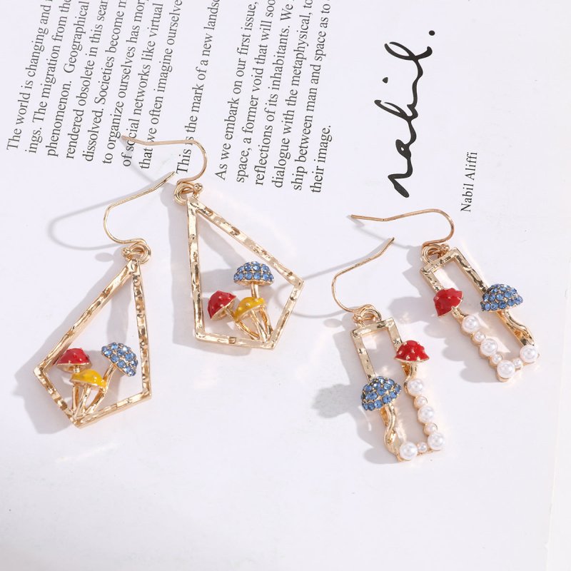 Mushroom Earrings Red Diamond Square Studs-Jewearrings