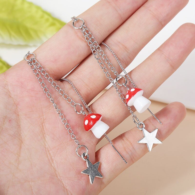 Mushroom Earrings Star Chain Earrings-Jewearrings