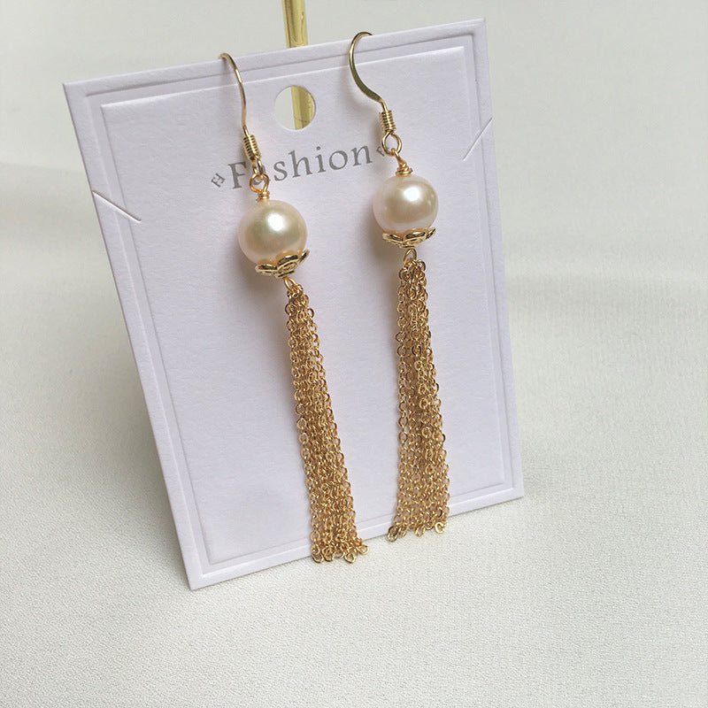 Natural Big Pearl Vintage Chain Tassel Earrings-Jewearrings