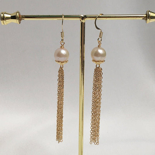 Natural Big Pearl Vintage Chain Tassel Earrings-Jewearrings