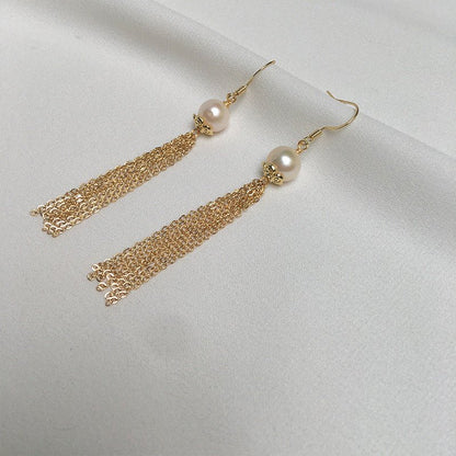 Natural Big Pearl Vintage Chain Tassel Earrings-Jewearrings