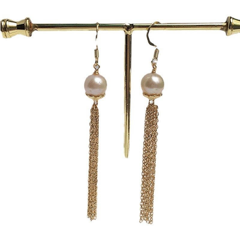 Natural Big Pearl Vintage Chain Tassel Earrings-Jewearrings