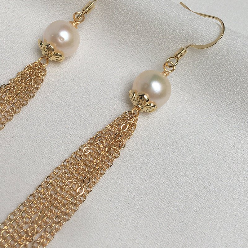 Natural Big Pearl Vintage Chain Tassel Earrings-Jewearrings