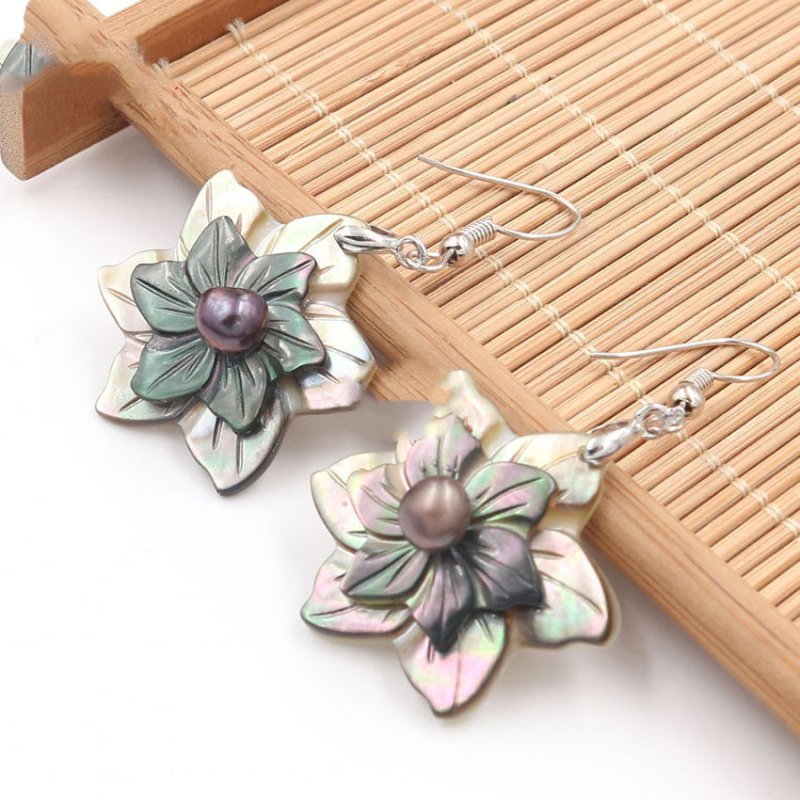 Natural black shell flower earrings-Jewearrings