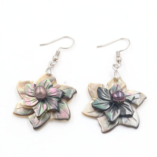 Natural black shell flower earrings-Jewearrings