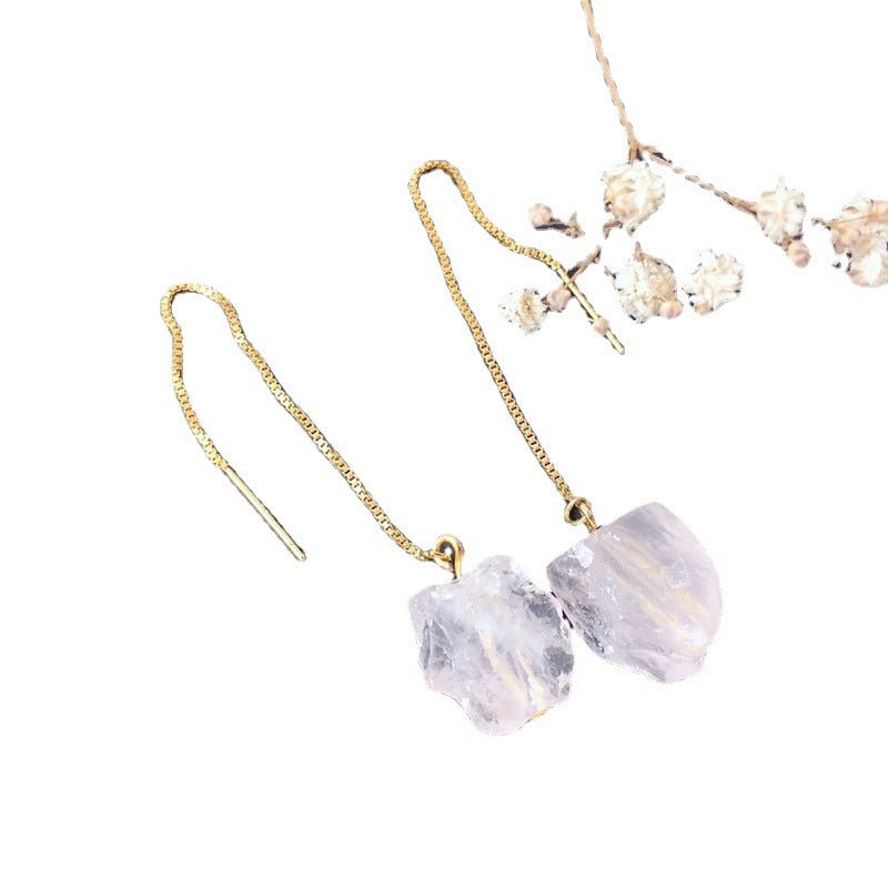 Natural Irregular White Crystal Long Chain Drop Earrings-Jewearrings