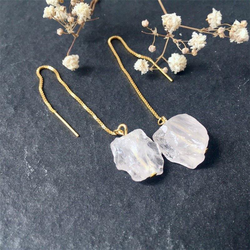 Natural Irregular White Crystal Long Chain Drop Earrings-Jewearrings