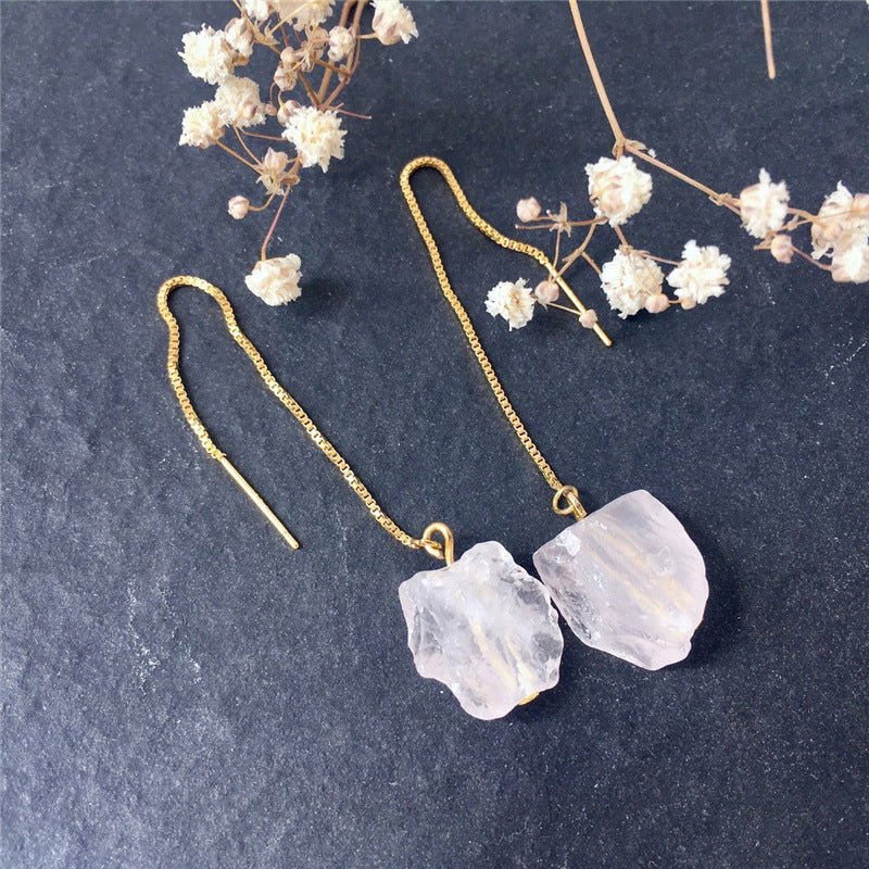 Natural Irregular White Crystal Long Chain Drop Earrings-Jewearrings