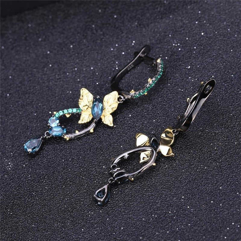 Natural London Blue Topa Earrings 925 Silver Handmade Butterfly Fashion Long Earrings-Jewearrings