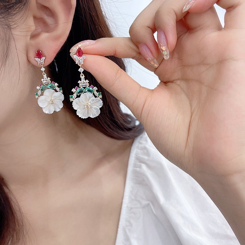 Natural Shell Sweet Temperament Color Zirconium Silver Needle Flower Earrings-Jewearrings