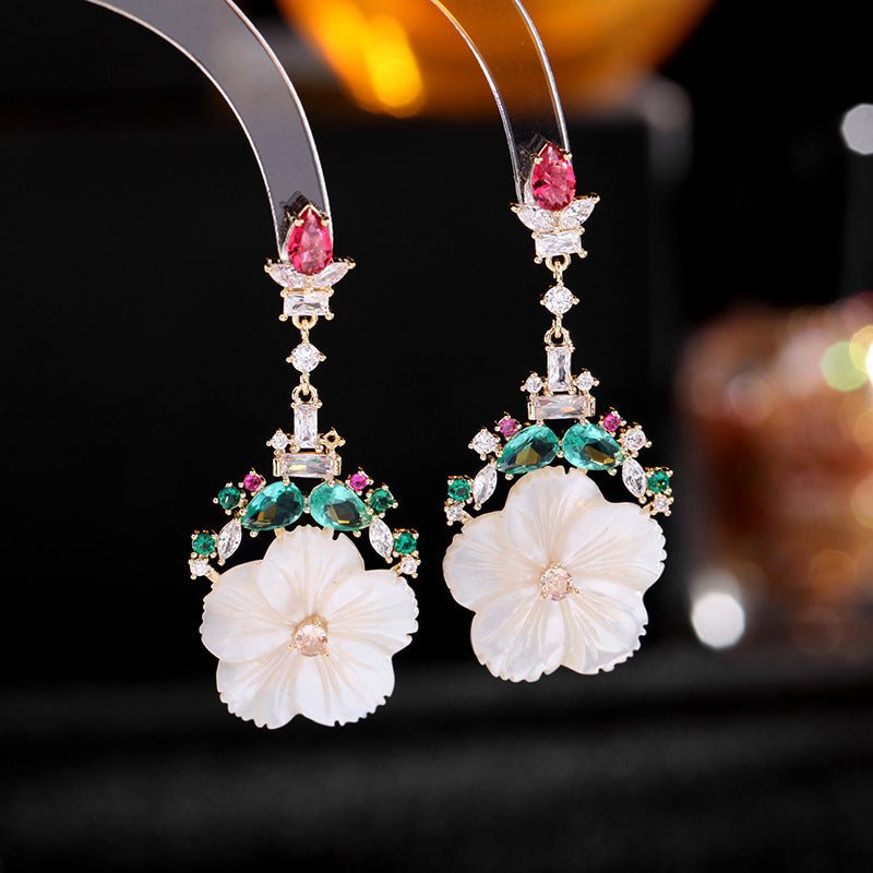 Natural Shell Sweet Temperament Color Zirconium Silver Needle Flower Earrings-Jewearrings