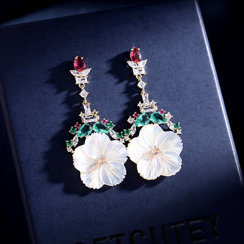 Natural Shell Sweet Temperament Color Zirconium Silver Needle Flower Earrings-Jewearrings