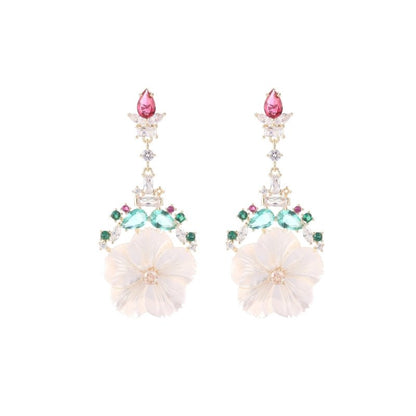 Natural Shell Sweet Temperament Color Zirconium Silver Needle Flower Earrings-Jewearrings