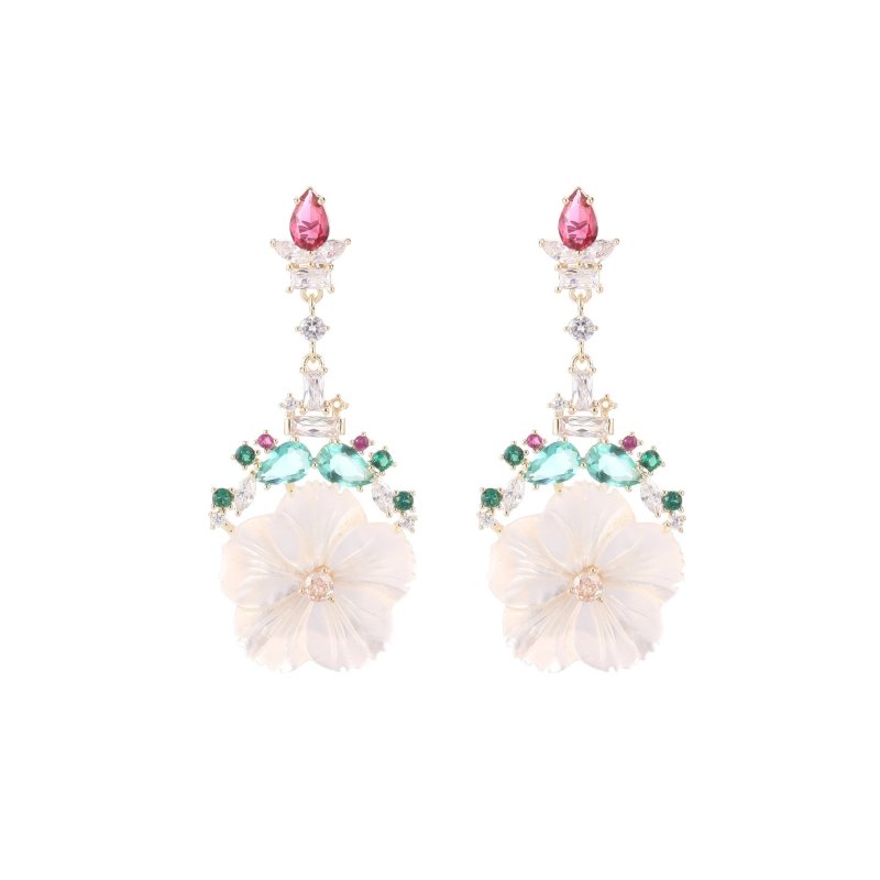 Natural Shell Sweet Temperament Color Zirconium Silver Needle Flower Earrings-Jewearrings