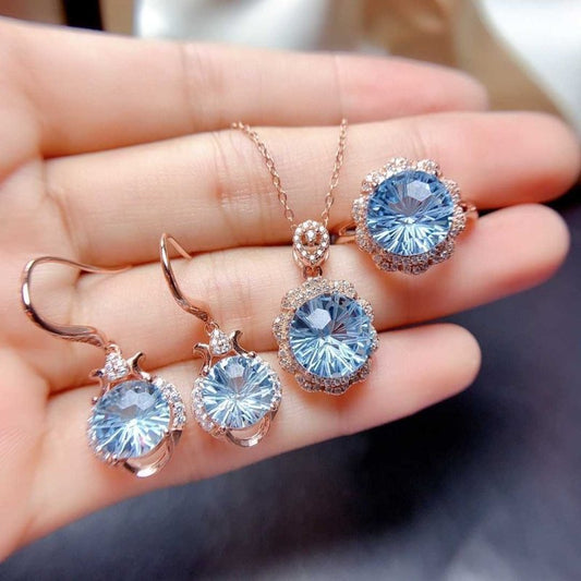 Natural Sky Blue Topaz Set Female Firework Cut Ring Pendant Earrings-Jewearrings