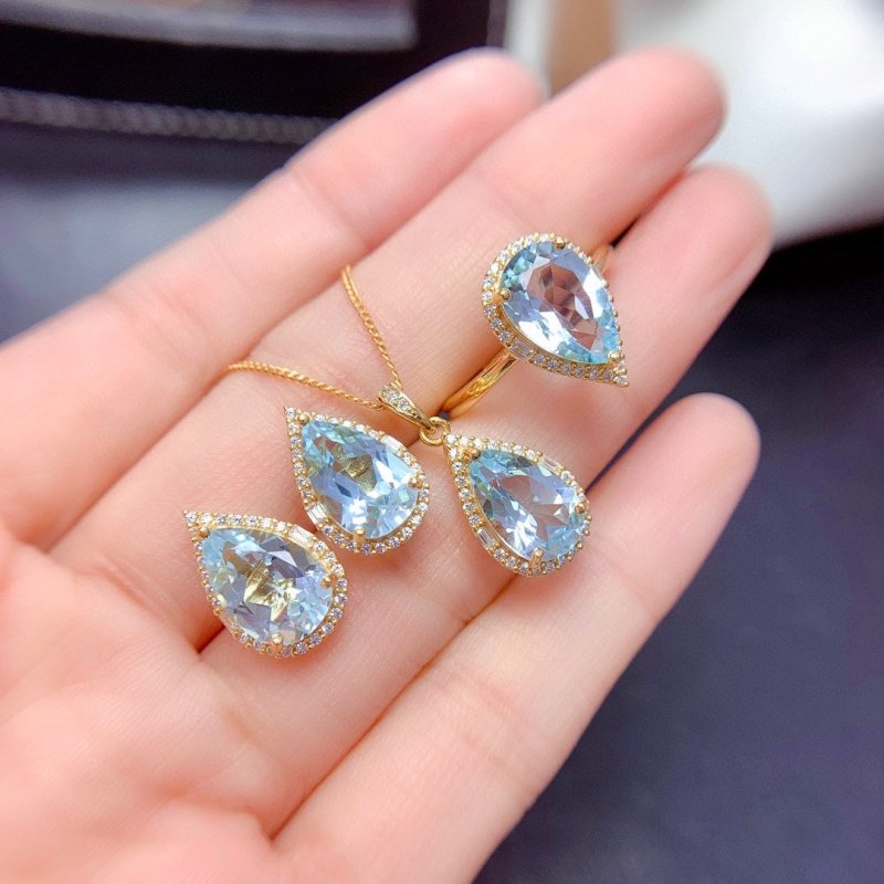 Natural Sky Blue Topaz Set Ring Pendant Earrings-Jewearrings