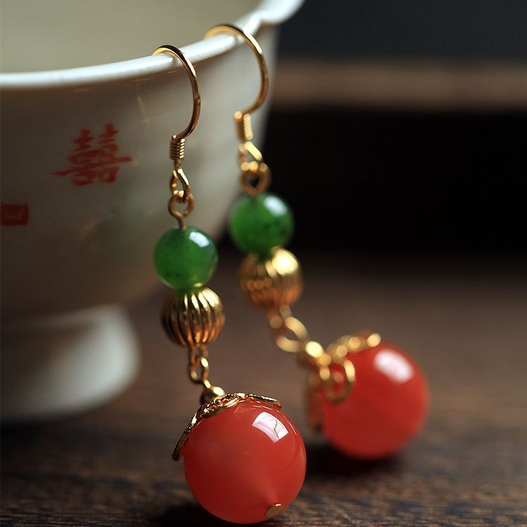 Natural South Red Agate Earrings Long Chinese Style S925 Silver-Jewearrings