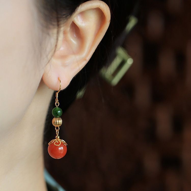 Natural South Red Agate Earrings Long Chinese Style S925 Silver-Jewearrings