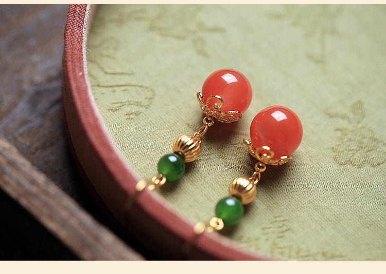 Natural South Red Agate Earrings Long Chinese Style S925 Silver-Jewearrings