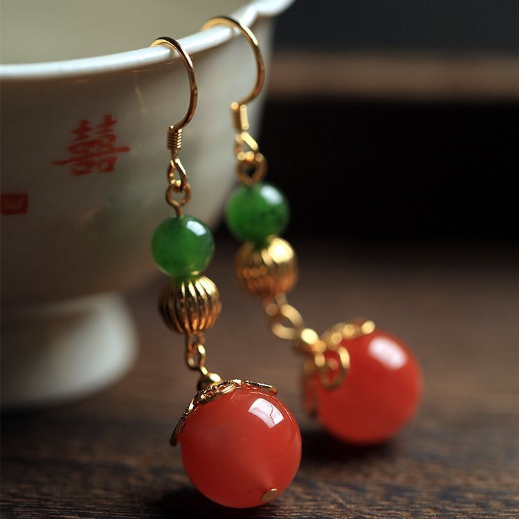 Natural South Red Agate Earrings Long Chinese Style S925 Silver-Jewearrings