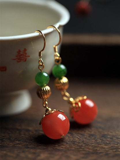 Natural South Red Agate Earrings Long Chinese Style S925 Silver-Jewearrings