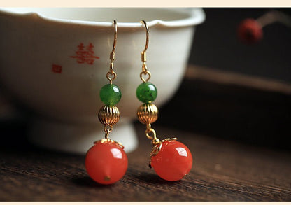 Natural South Red Agate Earrings Long Chinese Style S925 Silver-Jewearrings