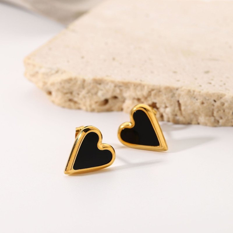 Natural Stone Black Shell Love Stud Earrings-Jewearrings